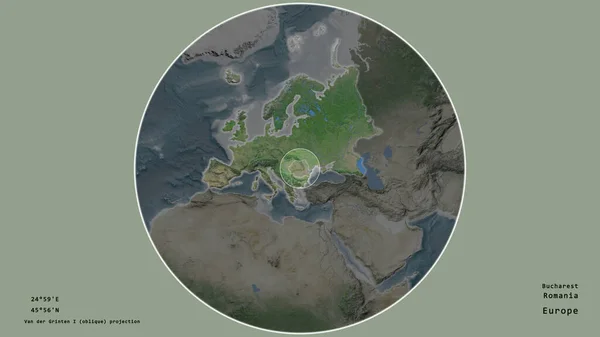 罗马尼亚的区域 在该大陆的大比例尺地图上有一个圆圈 在绝望的背景下孤立起来 大写的地理推论和名称 卫星图像 — 图库照片