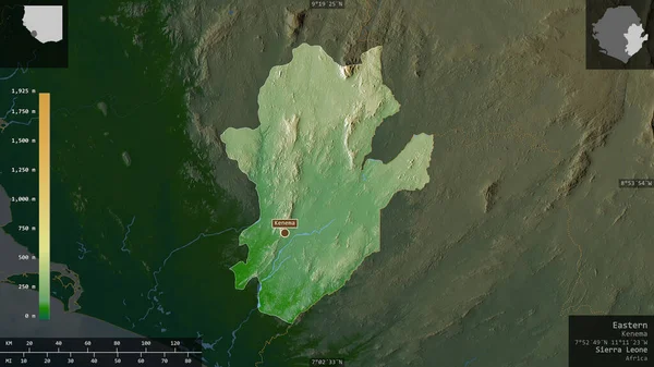 Oost Provincie Sierra Leone Gekleurde Schaduwgegevens Met Meren Rivieren Vorm — Stockfoto