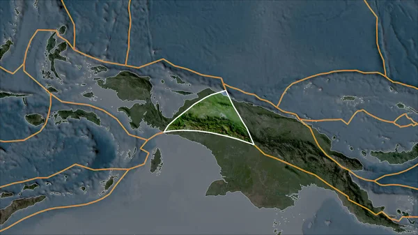 Nakreślono Tablicę Tektoniczną Maoke Mapie Satelity Oddzieloną Desaturacją Przyległych Obszarów — Zdjęcie stockowe