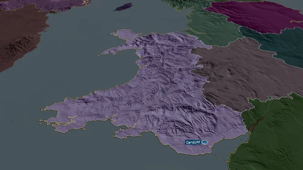 ウェールズ イギリスの領域が拡大し 首都で強調表示されました 行政区画の色と衝突した地図 3Dレンダリング — ストック写真