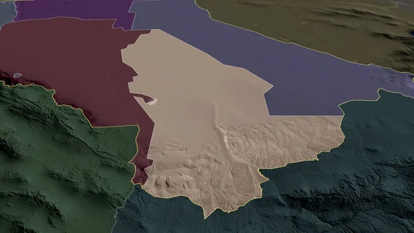 Mary - province of Turkmenistan zoomed and highlighted. Colored and bumped map of the administrative division. 3D rendering