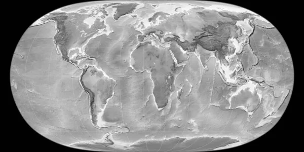 11の東の経度を中心とした自然地球の投影における世界地図 グレースケール標高地図 グレースケールとラスターの生の複合体 3Dイラスト — ストック写真