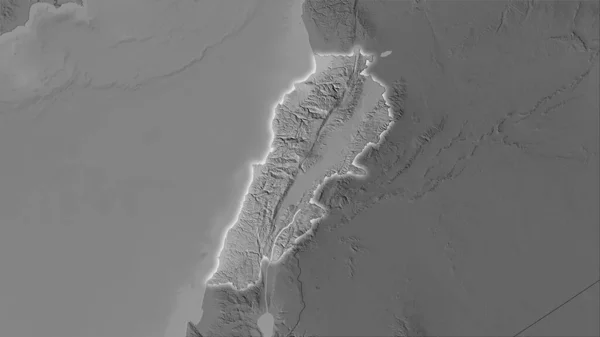 立体投影のグレースケール標高マップ上のレバノンエリア 光輝く輪郭を持つラスター層の生の組成 — ストック写真