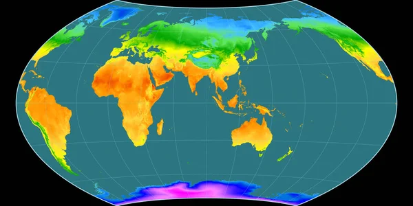 瓦格纳八世的世界地图投影以东经90度为中心 平均年温度图 具有满意性能的栅格原料复合材料 3D插图 — 图库照片