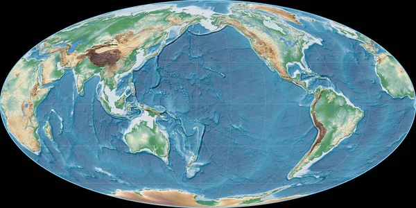 Mapa Świata Projekcji Mollweide Skupiona 170 Zachodniej Długości Geograficznej Kolorowy — Zdjęcie stockowe