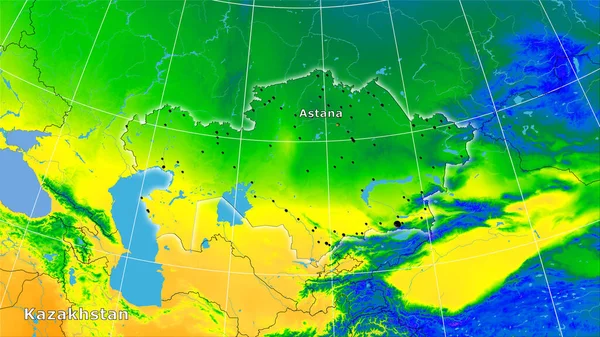 立体投影中的年温度图上的哈萨克斯坦地区 主要成分 — 图库照片
