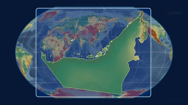 Nagyítás Egyesült Arab Emírségekre Perspektívákkal Kavrayskiy Kivetítés Globális Térképével Szemben — Stock Fotó