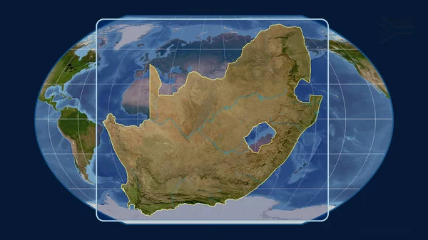 用透视线与Kavrayskiy投影中的全球地图对齐 放大了南非的轮廓 形体中心 卫星图像 — 图库照片