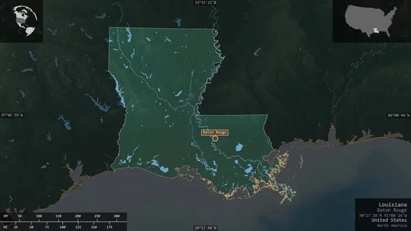 Louisiana, state of United States. Colored relief with lakes and rivers. Shape presented against its country area with informative overlays. 3D rendering