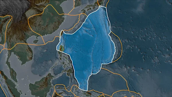 隣接する地域の砂漠化によって分離された救援地図上のフィリピン海地殻プレートの概要 ヴァン グリンテンI予測 斜めの変換 — ストック写真