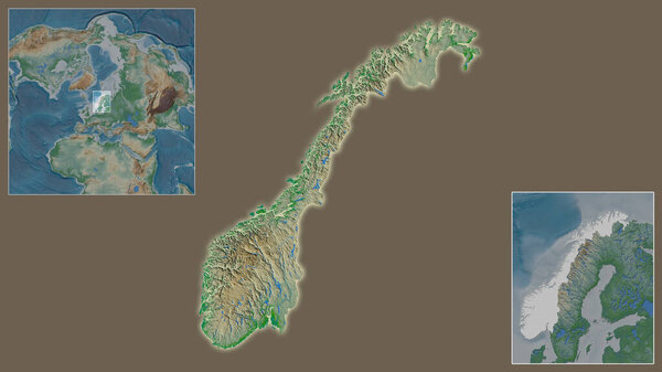 Close-up of Norway and its location in the region and in the center of a large-scale world map. Color physical map