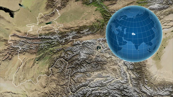 Tayikistán Globo Con Forma Del País Contra Mapa Ampliado Con —  Fotos de Stock