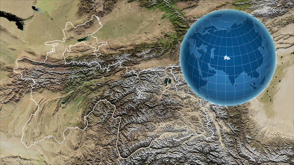 Tajikistan. Globe with the shape of the country against zoomed map with its outline. satellite imagery