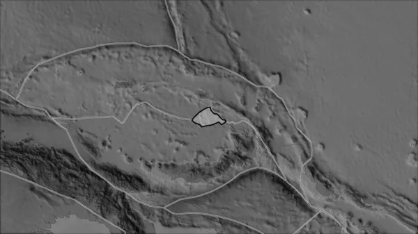 概要隣接する地域の砂漠化によって分離されたグレースケールマップ上のマヌス地殻プレート ヴァン グリンテンI予測 斜めの変換 — ストック写真