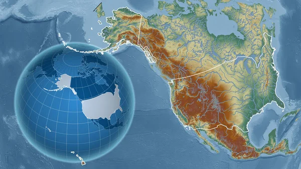 アメリカ合衆国 アラスカ州 アウトラインを持つ拡大地図に対して国の形を持つグローブ 地形図によると — ストック写真