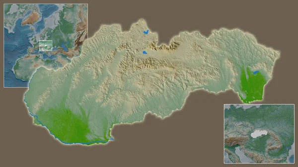 地域や大規模な世界地図の中心部にスロバキアとその場所のクローズアップ 地図の色 — ストック写真