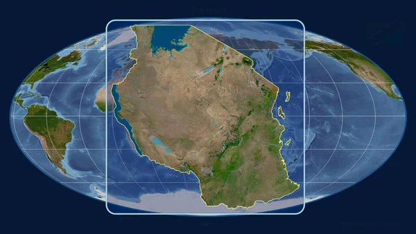 Přiblížený Pohled Tanzanii Perspektivními Liniemi Proti Globální Mapě Mollweidově Projekci — Stock fotografie
