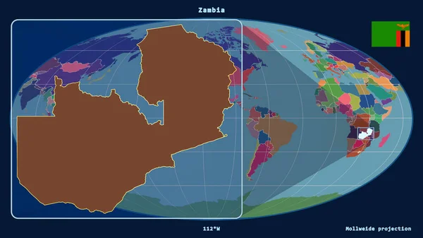 Zoomad Zambia Skissera Med Perspektiv Linjer Mot Global Karta Mollweide — Stockfoto