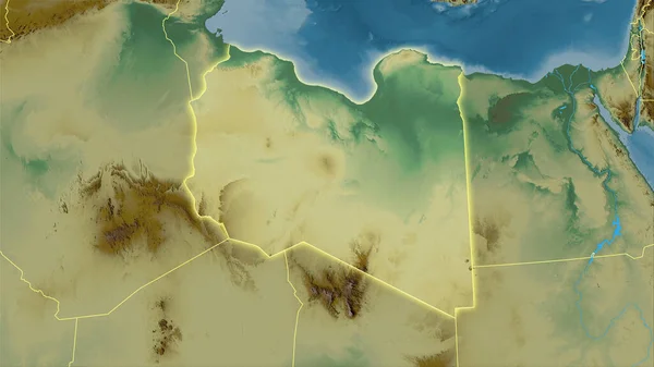 立体投影地形图上的利比亚地区 有发光轮廓的栅格层的原始组成 — 图库照片