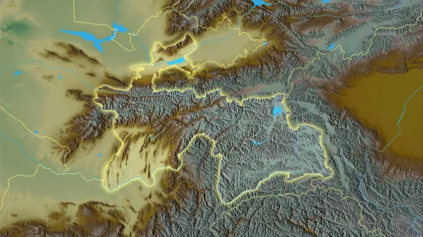 立体投影における地形救済マップ上のタジキスタン領域 光輝く輪郭を持つラスター層の生の組成 — ストック写真