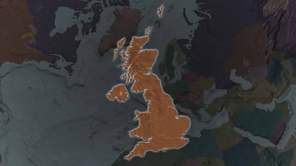 United Kingdom area enlarged and glowed on a darkened background of its surroundings. Colored and bumped map of the administrative division