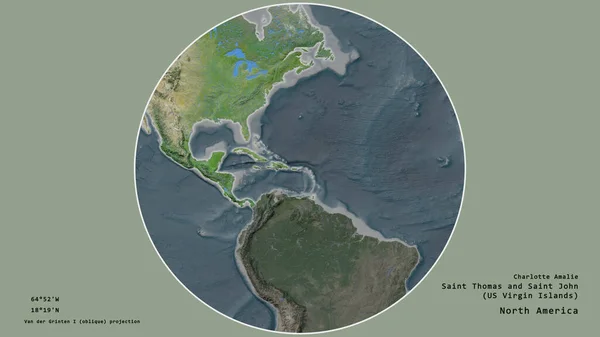 美属维尔京群岛圣托马斯圣约翰地区的中心是其大陆周围的一个以荒凉为背景的圆圈 大写的地理推论和名称 卫星图像 — 图库照片