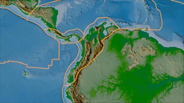 构造板块与邻近北安第斯山脉板块地区的物理地图接壤 Van Der Grinten I投影 斜变换 — 图库照片