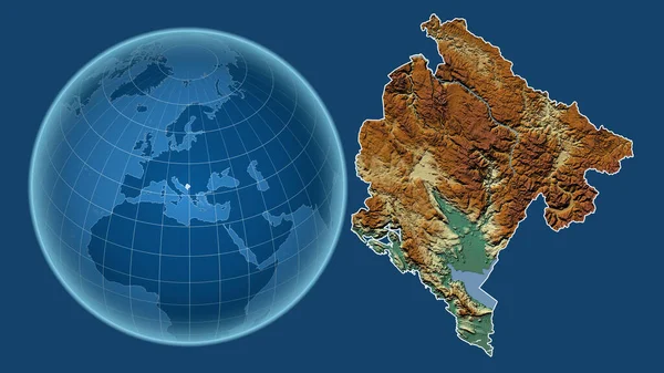 Montenegró Globe Ország Alakja Ellen Zoomolt Térkép Vázlatát Elszigetelt Kék — Stock Fotó
