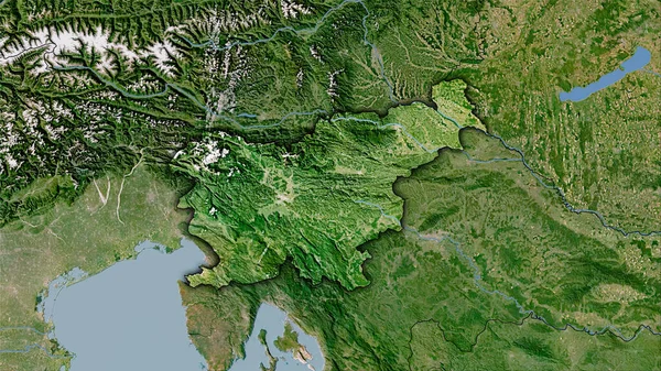 衛星Cマップ上のスロベニア領域の立体投影 暗い輝線アウトラインを持つラスター層の生の組成 — ストック写真