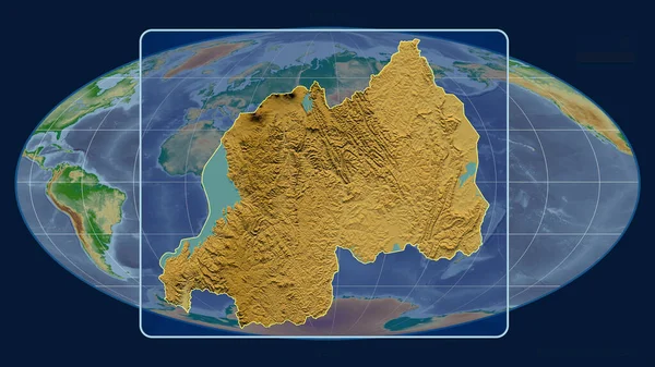 Zoomed Widok Rwandy Zarys Linii Perspektywy Wobec Globalnej Mapy Projekcji — Zdjęcie stockowe