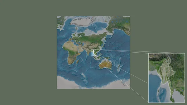 从世界大比例尺地图中提取出的缅甸扩大和扩大的地区 其主要线连接了框架的各个角落 卫星图像 — 图库照片