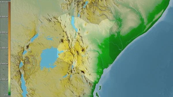 带有图例的立体投影中肯尼亚地区内的物理地图 栅格层的原始组成 — 图库照片