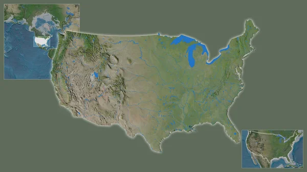 米国のクローズアップと地域と大規模な世界地図の中心部にあるその場所 衛星画像 — ストック写真