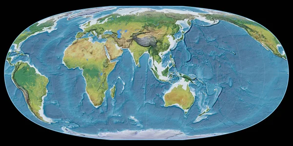 マクブライド トーマス プロジェクションの世界地図は 東経90度を中心としている 主な生理的景観機能 粒状とラスターの生の複合体 3Dイラスト — ストック写真