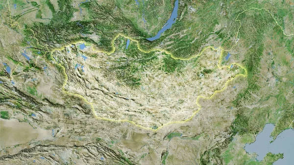 卫星D地图上的蒙古地区立体投影 具有发光轮廓的栅格层的原始成分 — 图库照片