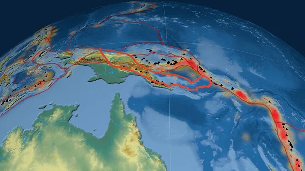 Trälärk Tektonisk Platta Skisseras Jorden Topografisk Hjälpkarta Rendering — Stockfoto