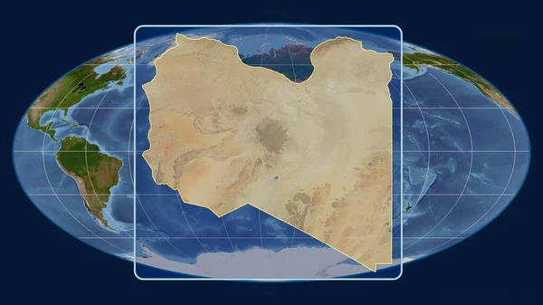 Vergrößerter Blick Auf Libyen Mit Perspektivischen Linien Gegen Eine Weltkarte — Stockfoto