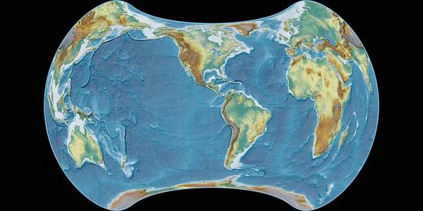 Світова Карта Проекції Strebe Equal Area Зосереджена Західній Довготі Топографічна — стокове фото