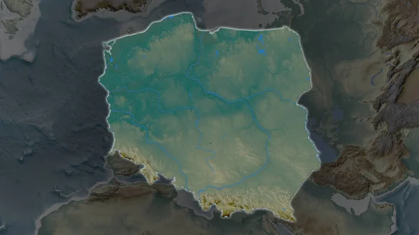 ポーランド地域はその周囲の暗い背景に拡大し 成長した 救援地図 — ストック写真