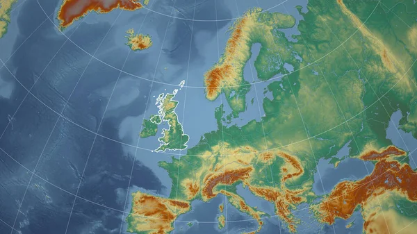 Spojené Království Sousedství Vzdálená Perspektiva Obrysem Země Mapa Topografického Reliéfu — Stock fotografie