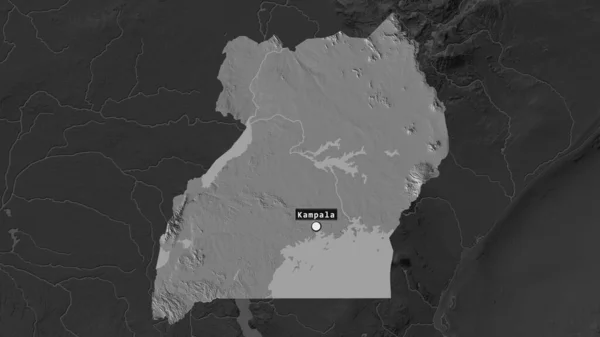 首都とその周辺の運命地図上のラベルを持つウガンダのハイライトエリア 標高マップ — ストック写真
