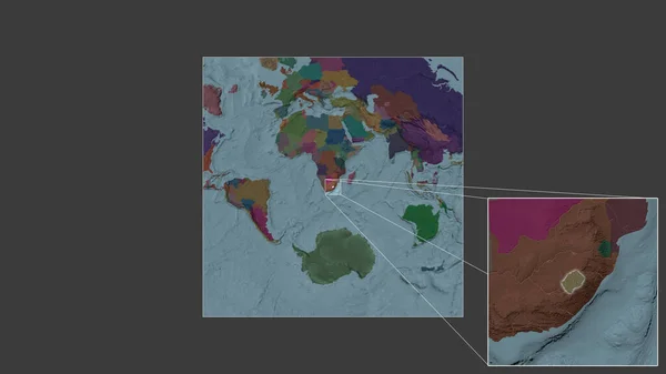 从世界大比例尺地图中提取的扩大和扩大的莱索托地区 其主要线连接了框架的各个角落 行政区划的彩色地图 — 图库照片