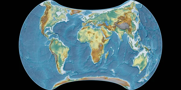 Світова Карта Проекції Strebe Equal Area Зосереджена Східній Довготі Топографічна — стокове фото