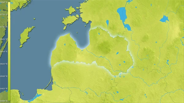 拉脱维亚地区内带有图例的立体投影中最暖四分之一的平均温度 具有发光轮廓的光栅层的原始成分 — 图库照片