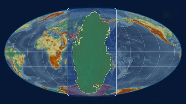 Közelíts Katar Körvonalaira Egy Globális Térképpel Szemben Mollweide Kivetítésben Alakzat — Stock Fotó