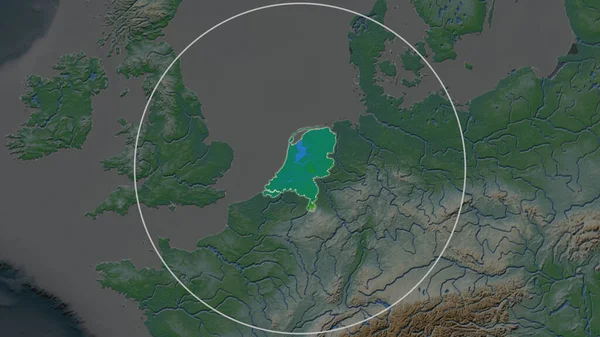 荷兰幅员辽阔的地区被周边的一个圆圈所包围 彩色物理图 — 图库照片