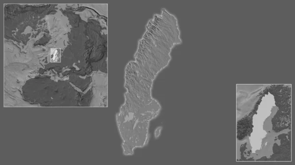 瑞典的近景及其在该地区的位置 以及在一个大比例尺世界地图中心的位置 Bilevel高地图 — 图库照片