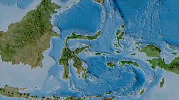 Van Der Grinten I投影 斜变换 卫星B地图上Molucca海构造板块的邻域 生复合材料 无概要 — 图库照片