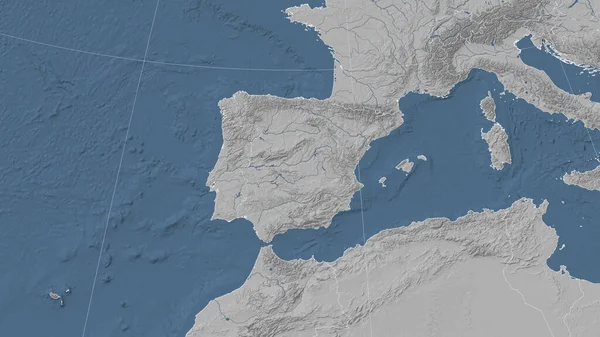 スペインとその周辺 遠方斜視 アウトラインなし グレースケール標高図 — ストック写真