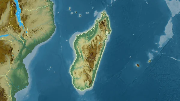 立体投影図の地形図上のマダガスカル領域 光輝く輪郭を持つラスター層の生の組成 — ストック写真